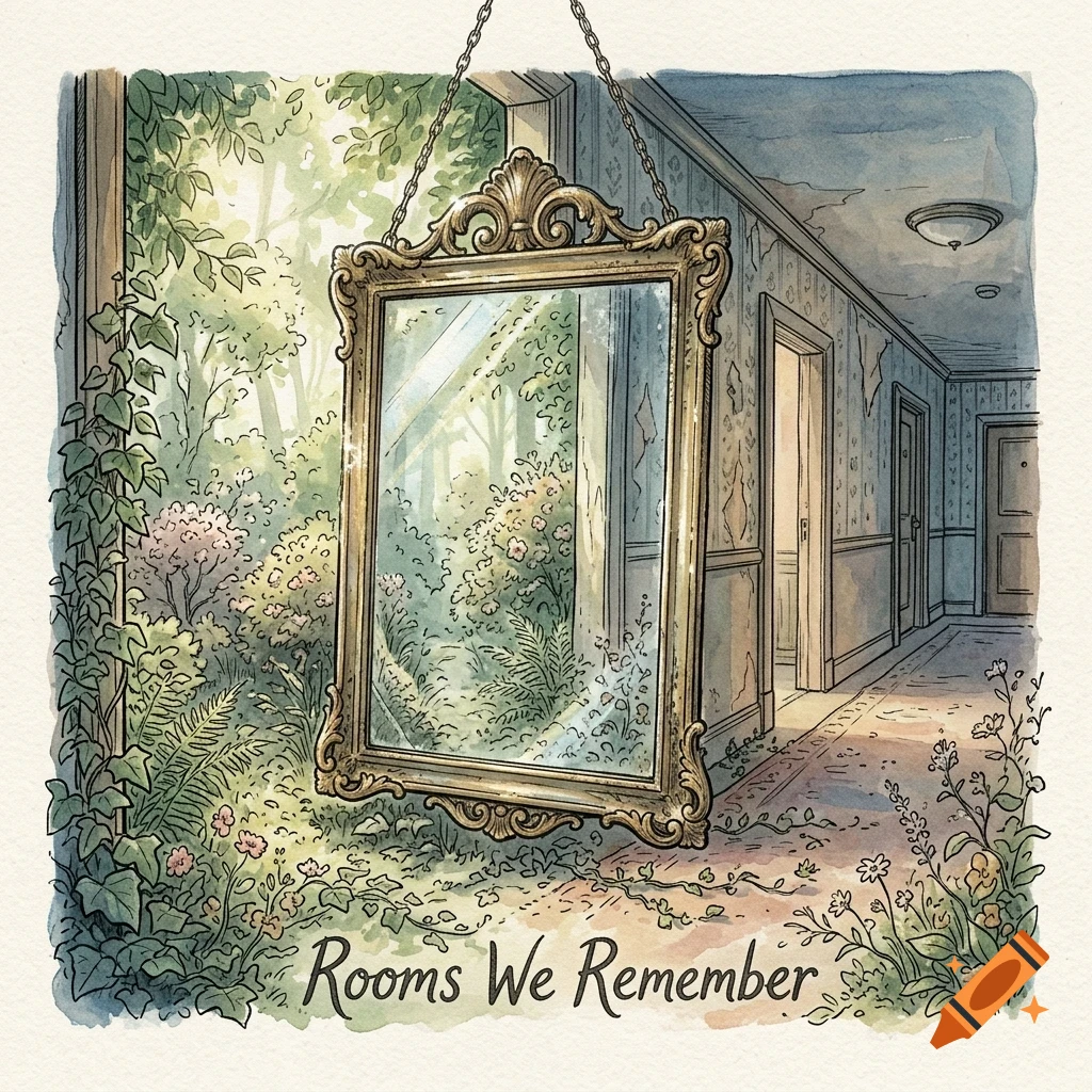 A watercolor illustration of an ornate gold mirror hanging in a hallway with peeling wallpaper, reflecting a lush garden, with text at the bottom reading Rooms We Remember.
