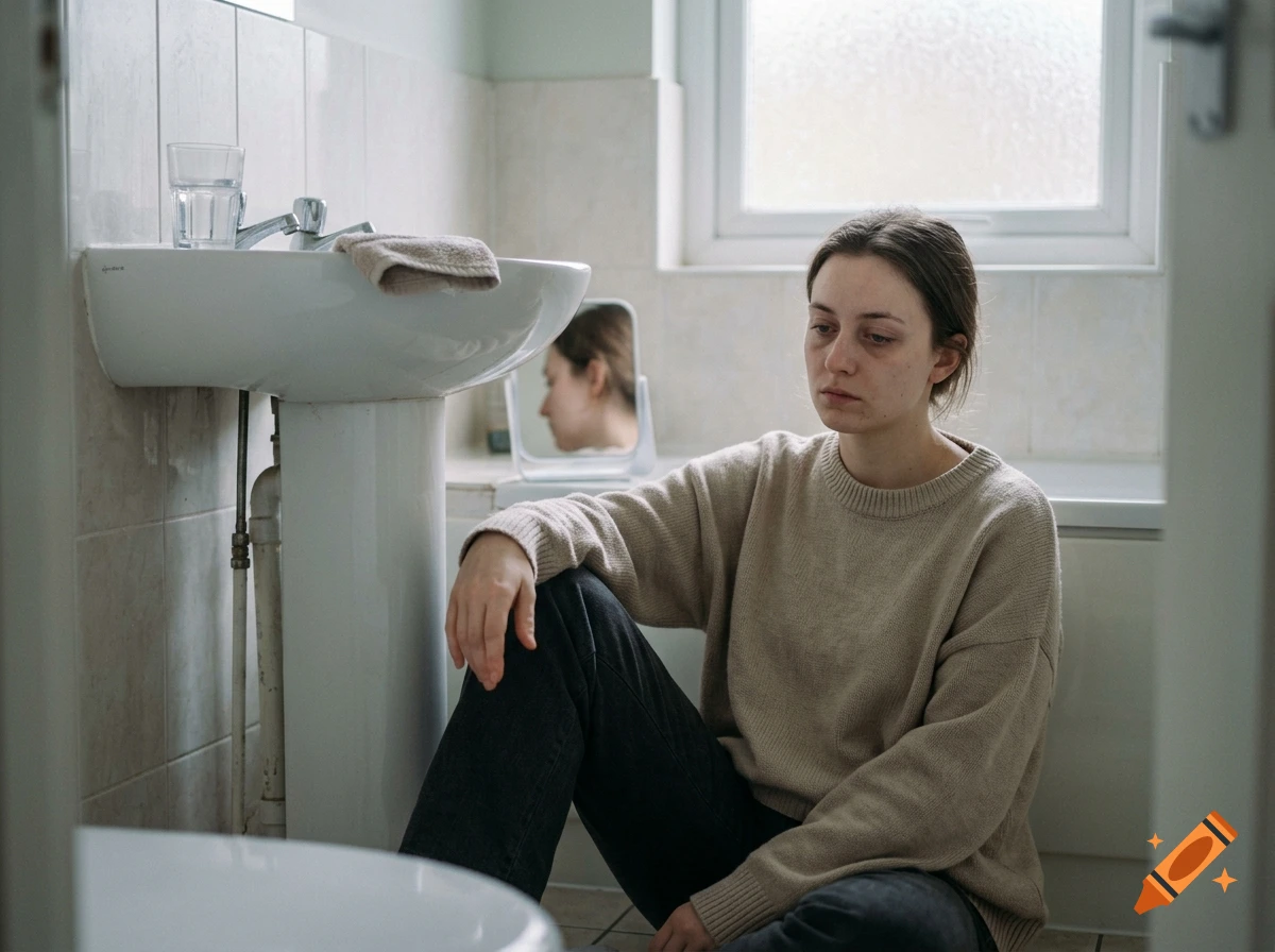 A distressed young woman sitting on a bathroom floor next to a sink, looking down with a sad expression.