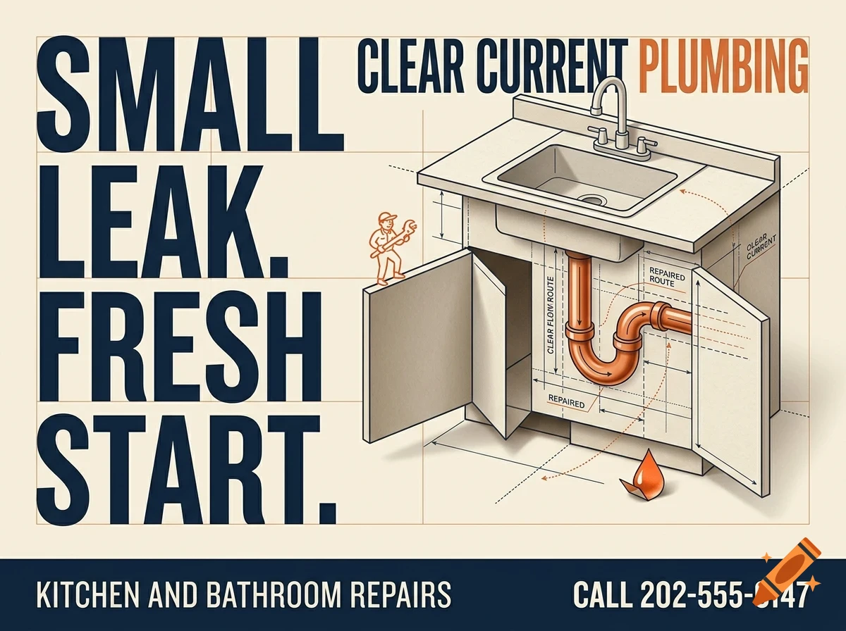 An advertisement for Clear Current Plumbing featuring a diagram of a sink with exposed pipes and bold text reading SMALL LEAK. FRESH START.