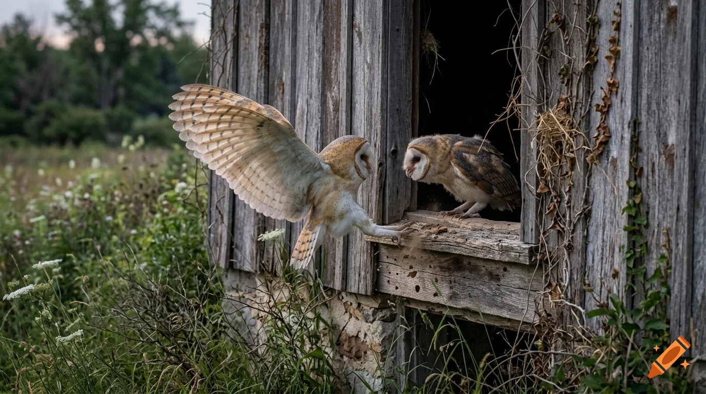 Two barn owls near a rustic wooden barn, one in flight with wings spread and the other perched in a doorway.