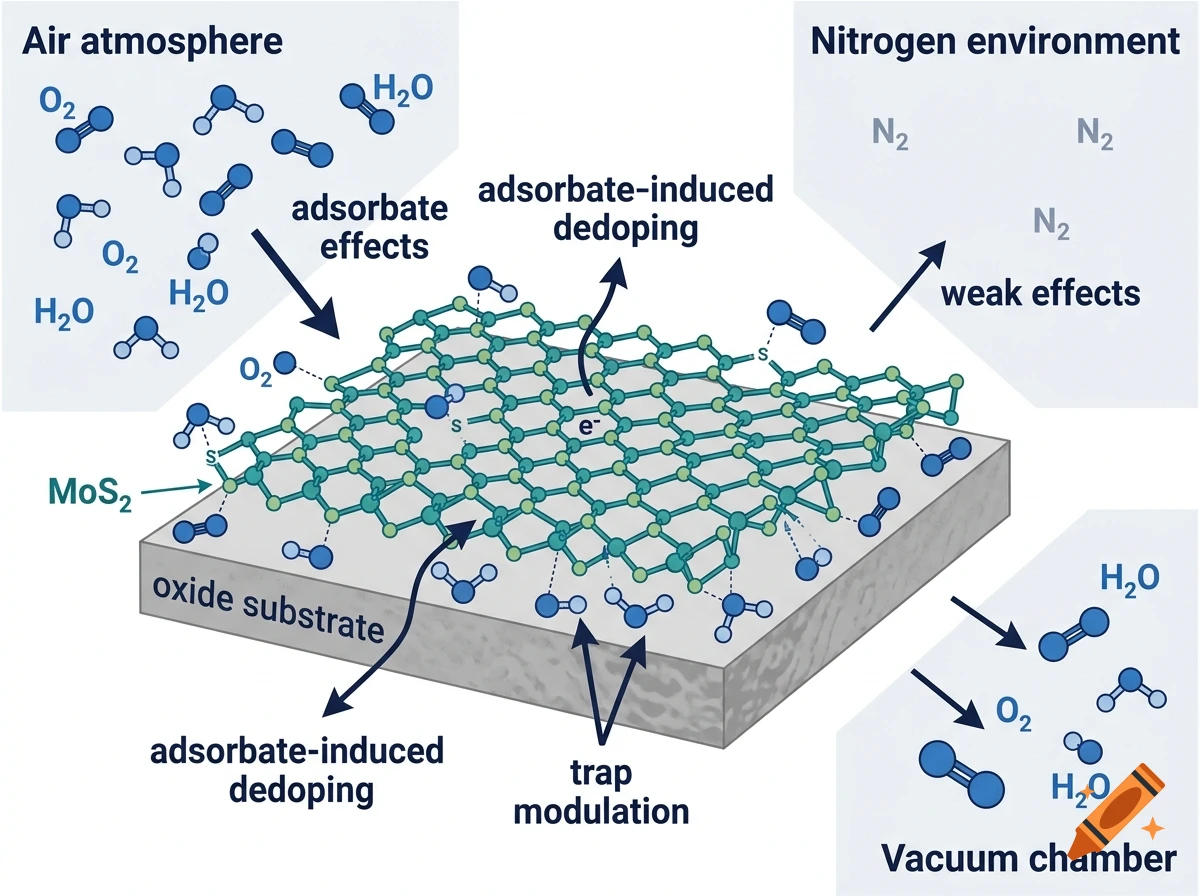 Scientific schematic showing O2 and H2O molecules interacting with a MoS2 monolayer on an oxide substrate.