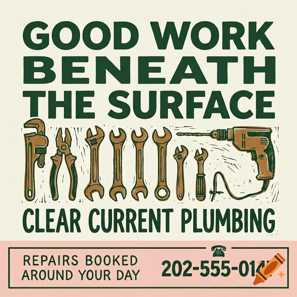An advertisement featuring plumbing tools and lettering that reads Good Work Beneath The Surface and Clear Current Plumbing.