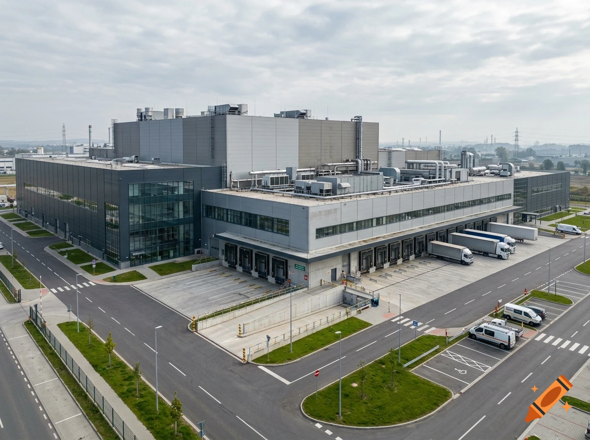 Aerial view of a modern industrial factory with a large parking lot and loading docks.