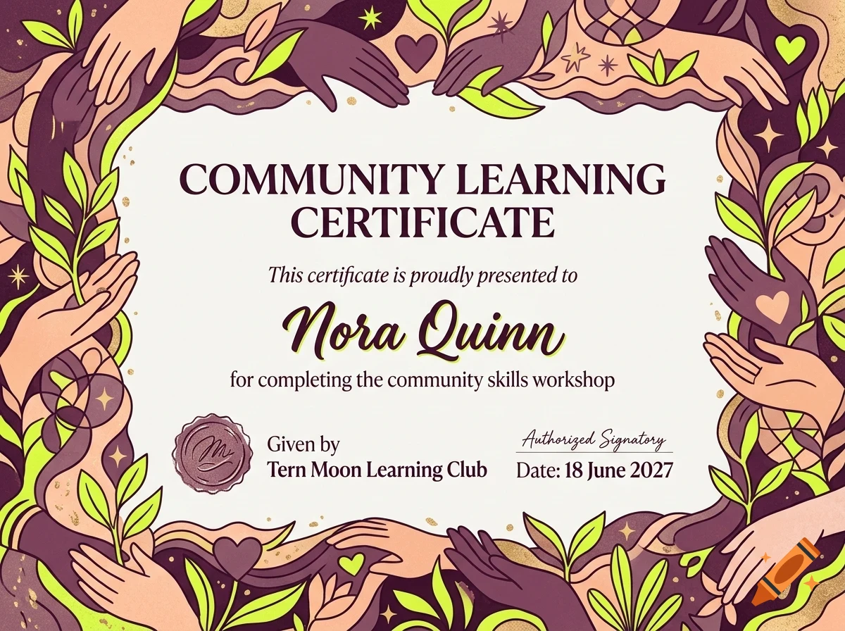 Community Learning Certificate presented to Nora Quinn with an illustrated decorative border of hands and plants.