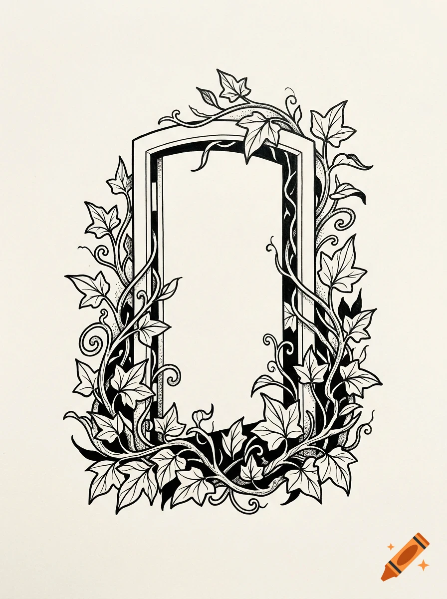 An ink drawing of an empty vertical frame overgrown with climbing ivy vines and leaves.