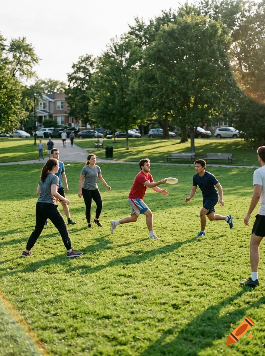 People playing frisbee in a park on a sunny day, photorealistic