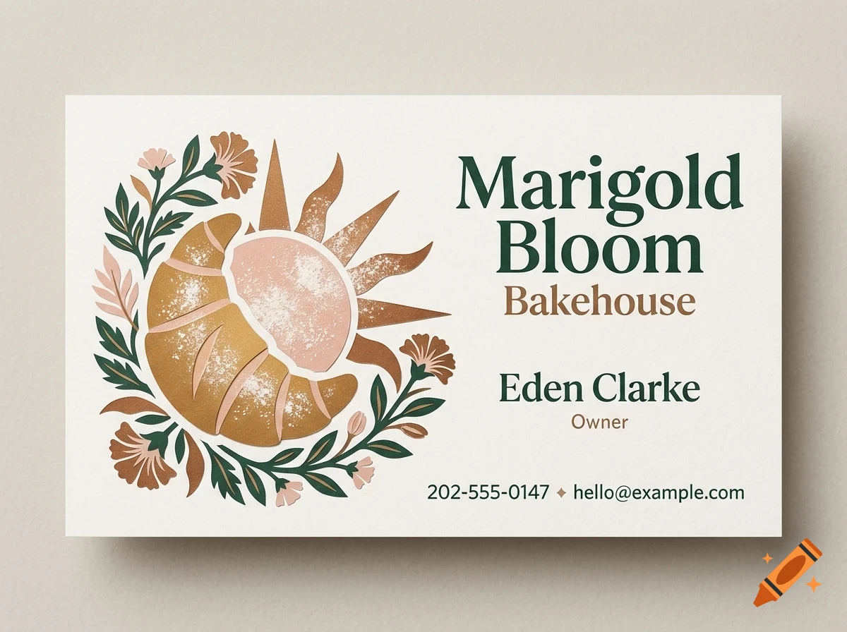 A business card for Marigold Bloom Bakehouse featuring an illustration of a croissant-sun hybrid surrounded by flowers, with the text Marigold Bloom Bakehouse, Eden Clarke Owner, and contact info.