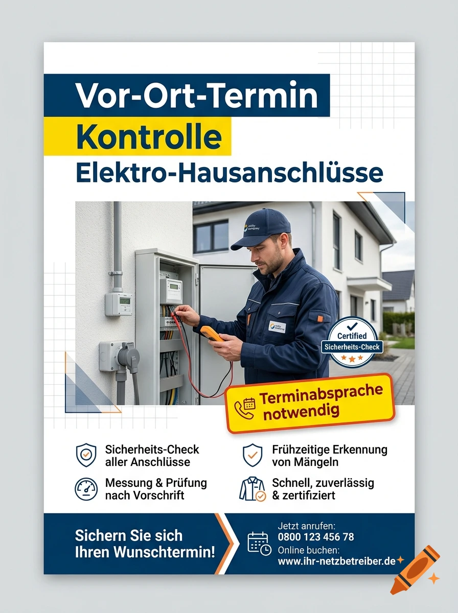 Informational flyer for electrical home connection inspection with a technician working on a fuse box.