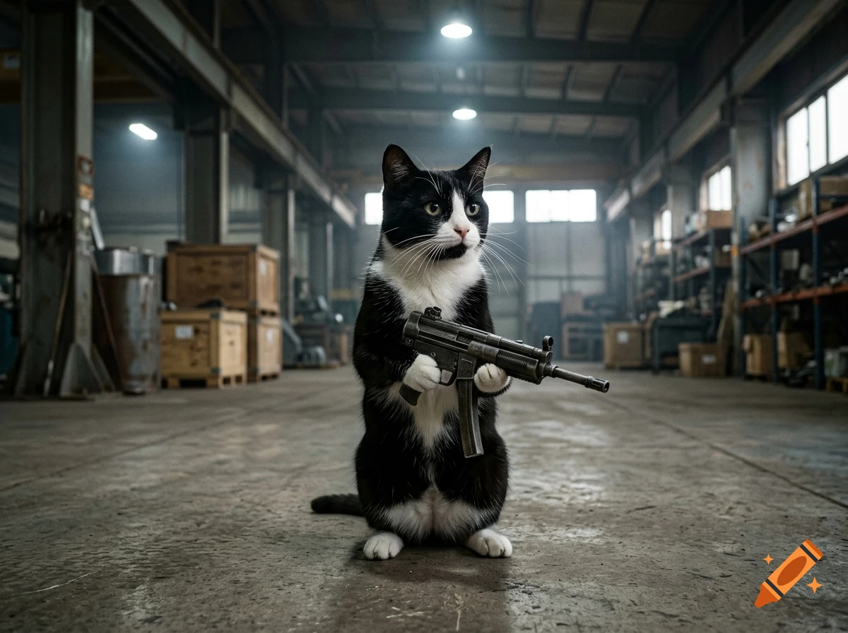 Photorealistic image of a tuxedo cat standing upright on a concrete floor in a large warehouse, holding a submachine gun.
