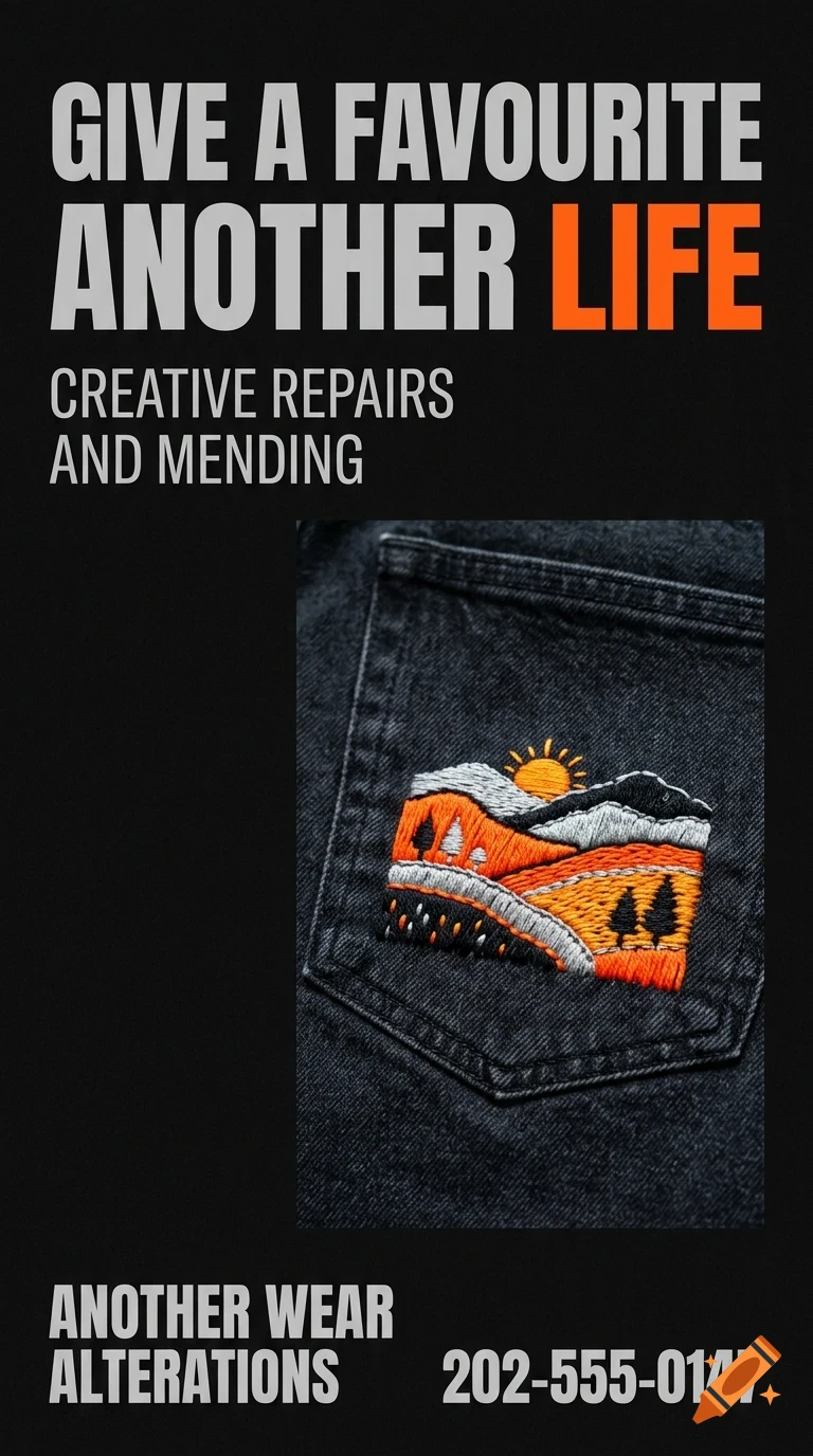 An advertisement for clothing alterations featuring a colorful embroidered mountain landscape patch on a dark denim pocket, with text above and below.