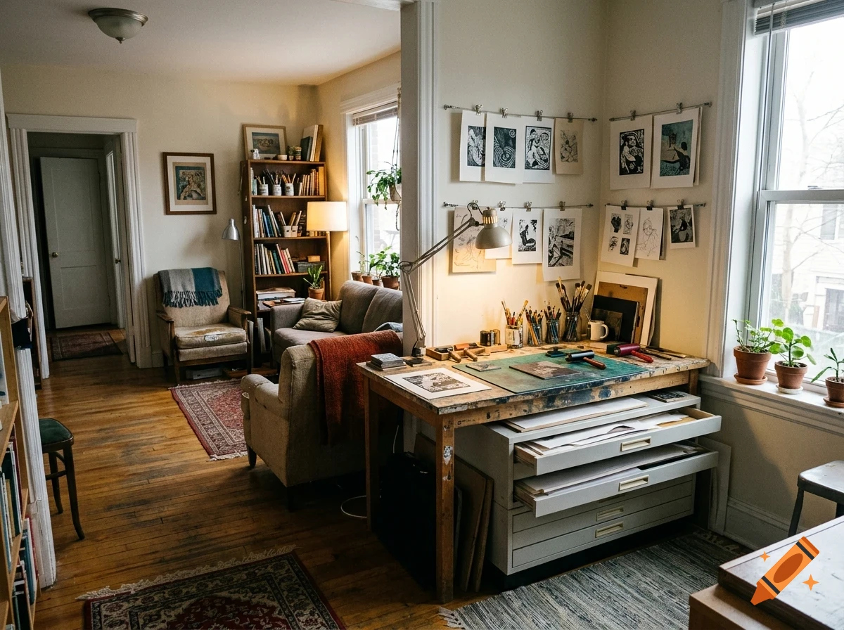 An artist's studio interior featuring a workbench with art supplies, prints hanging on the wall, and a cozy living area in the background.
