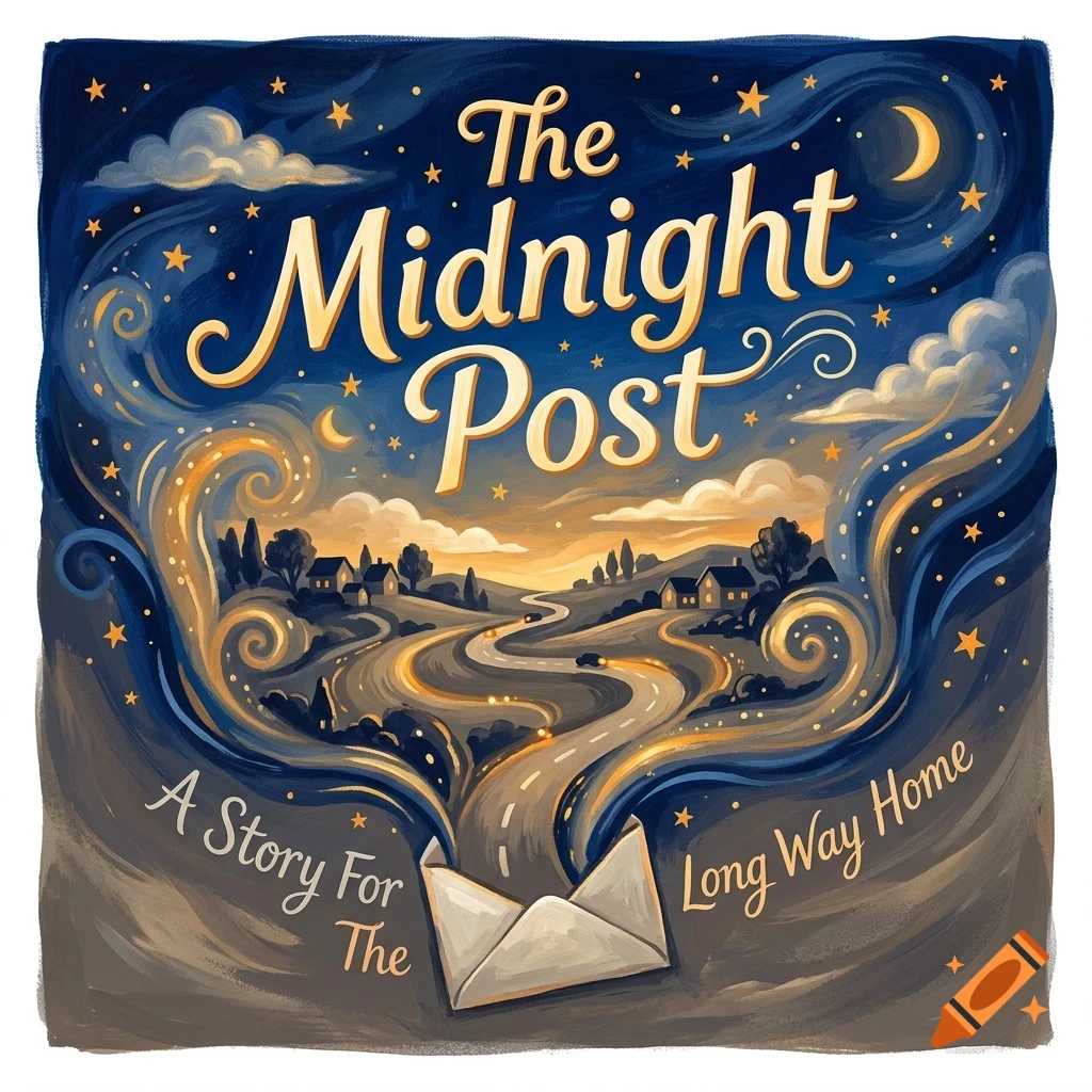 An illustration of a winding road and a small village emerging from an envelope under a starry night sky, with the text The Midnight Post.
