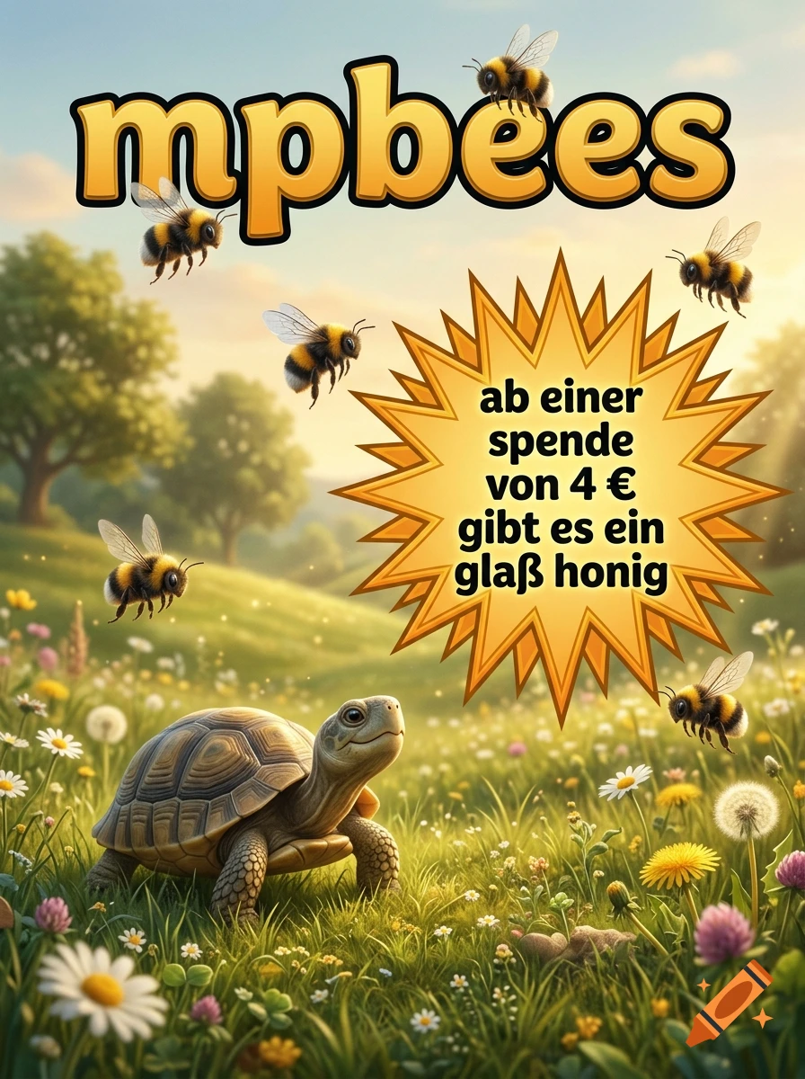 Flyer with text 'mpbees' and a yellow starburst advertising honey, featuring bees and a smiling turtle on a meadow.
