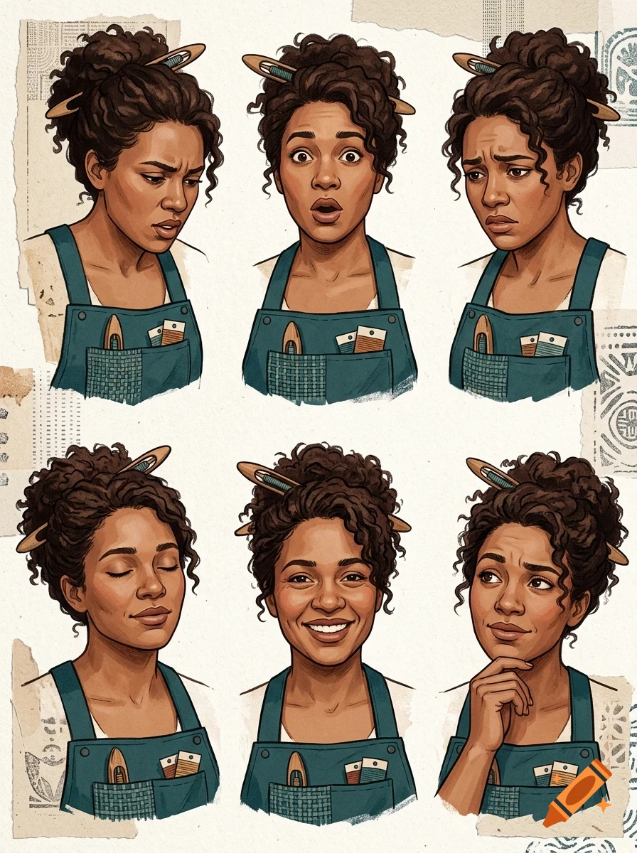 An illustrated character sheet showing a woman with curly hair and various facial expressions including worried, surprised, sad, serene, happy, and thoughtful.