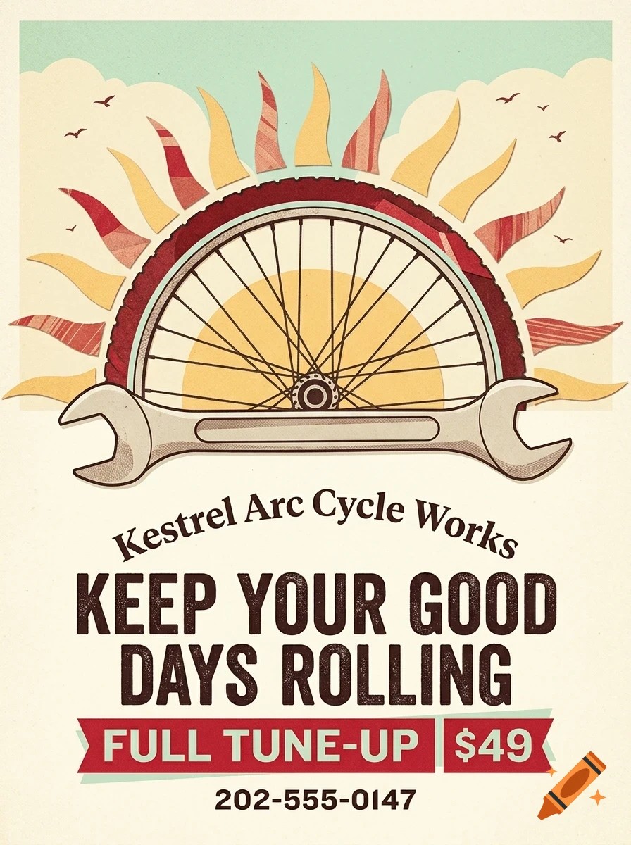 A vintage-style poster for Kestrel Arc Cycle Works featuring a bicycle wheel, wrench, sun rays, and text.