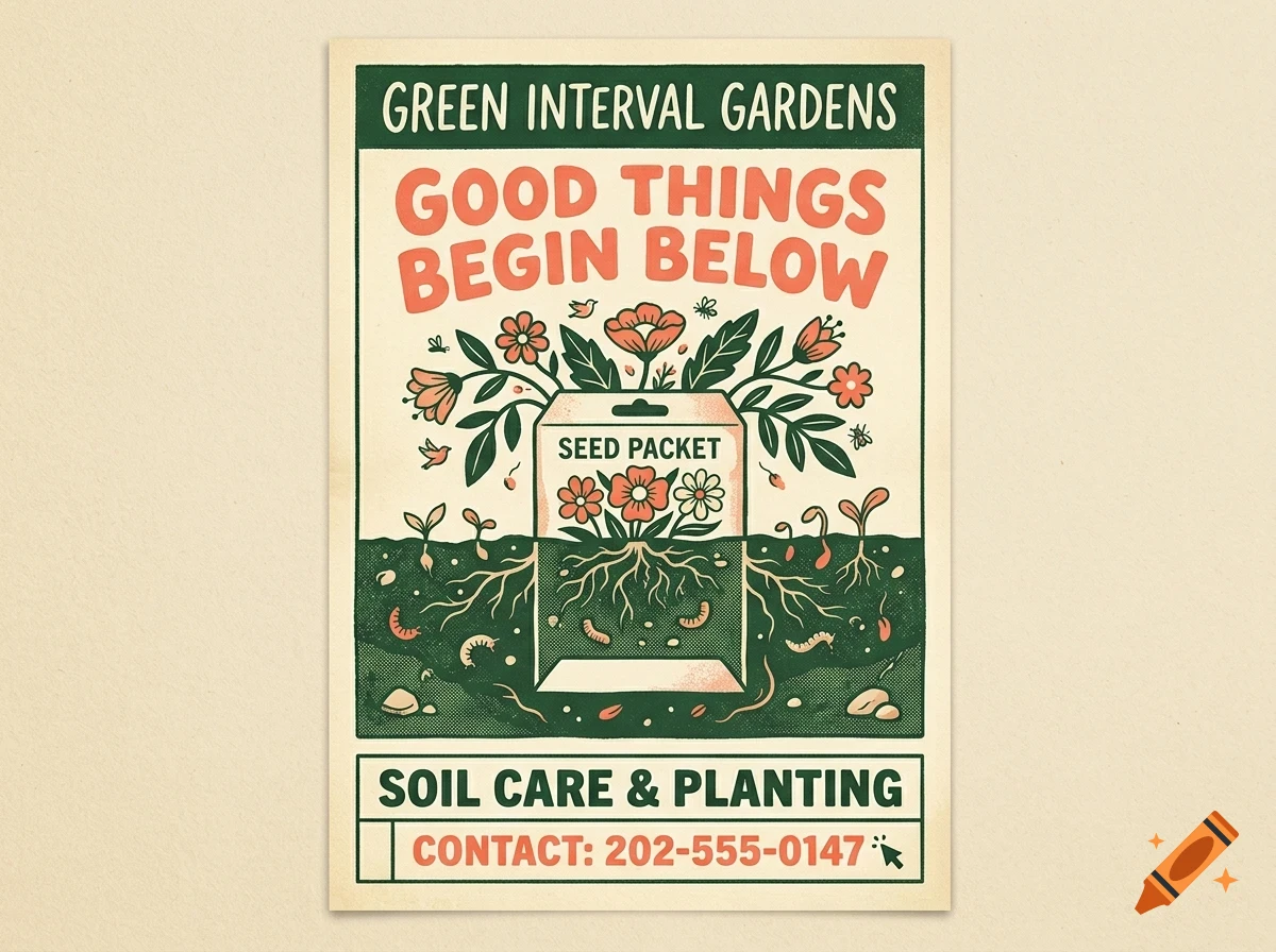 An illustrated poster for Green Interval Gardens featuring a seed packet in soil with flowers, roots, and insects, with text reading Good things begin below.