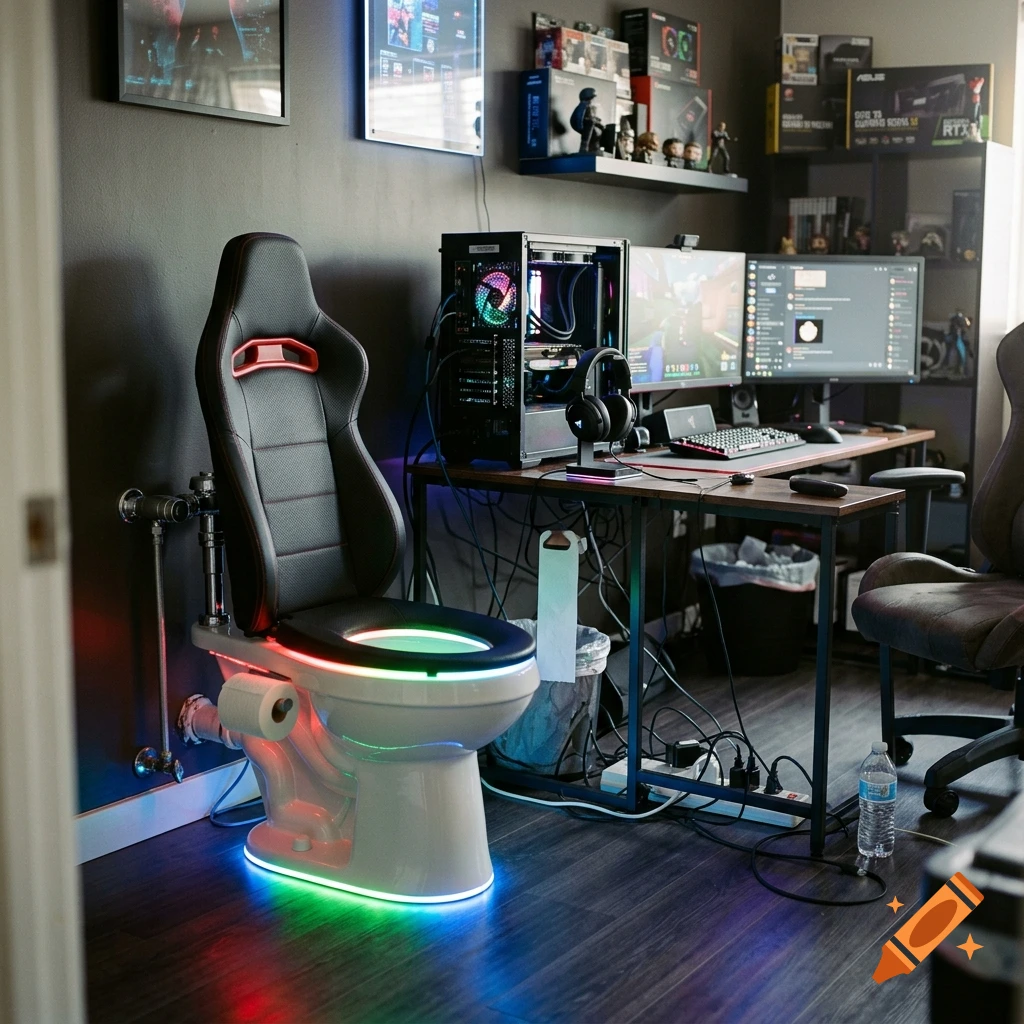A photorealistic gaming setup featuring a toilet with an RGB-lit seat and bowl replacing a standard gaming chair.