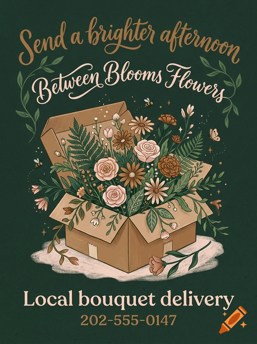 An illustrated poster on a dark green background showing an open cardboard box filled with various flowers and foliage, accompanied by bees, butterflies, and decorative lettering.