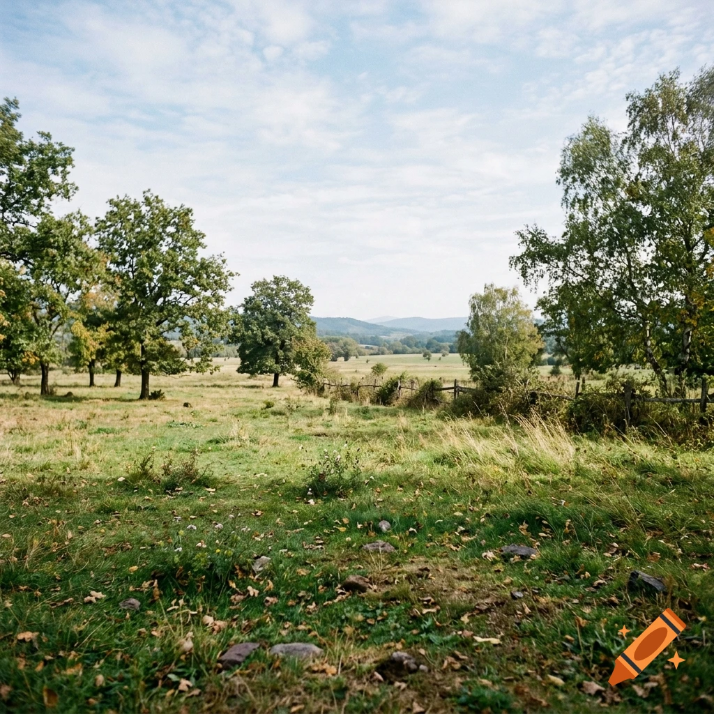 A tranquil green meadow and scattered trees under a partly cloudy blue sky, captured in a photorealistic style.