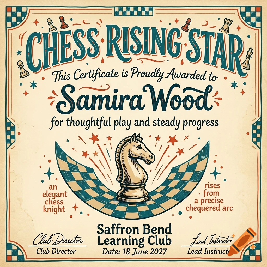 An award certificate titled 'Chess Rising Star' awarded to Samira Wood, featuring a chess knight illustration and decorative borders.