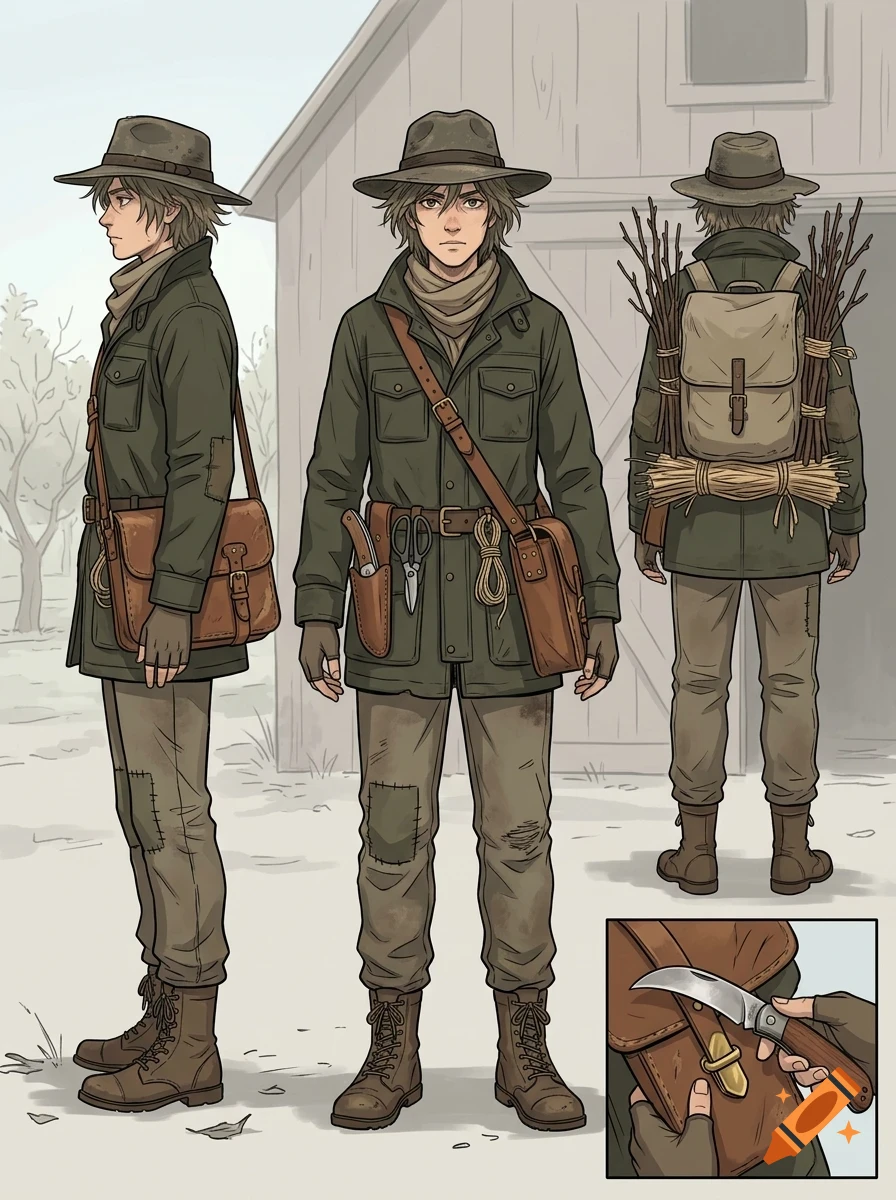 Character design sheet showing a young person in a hat, green jacket, and trousers from front, side, and back views, with an inset of a hand holding a knife.