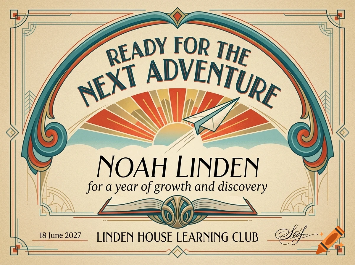 Vintage certificate design with a paper airplane, rising sun, and decorative borders.