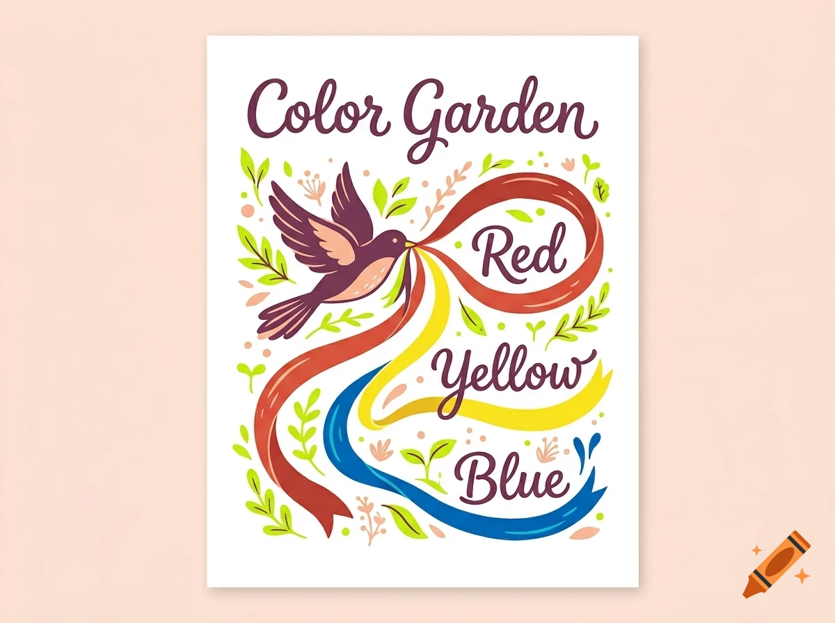An illustrated poster featuring a bird holding colorful ribbons, surrounded by foliage and the text Color Garden, Red, Yellow, Blue.