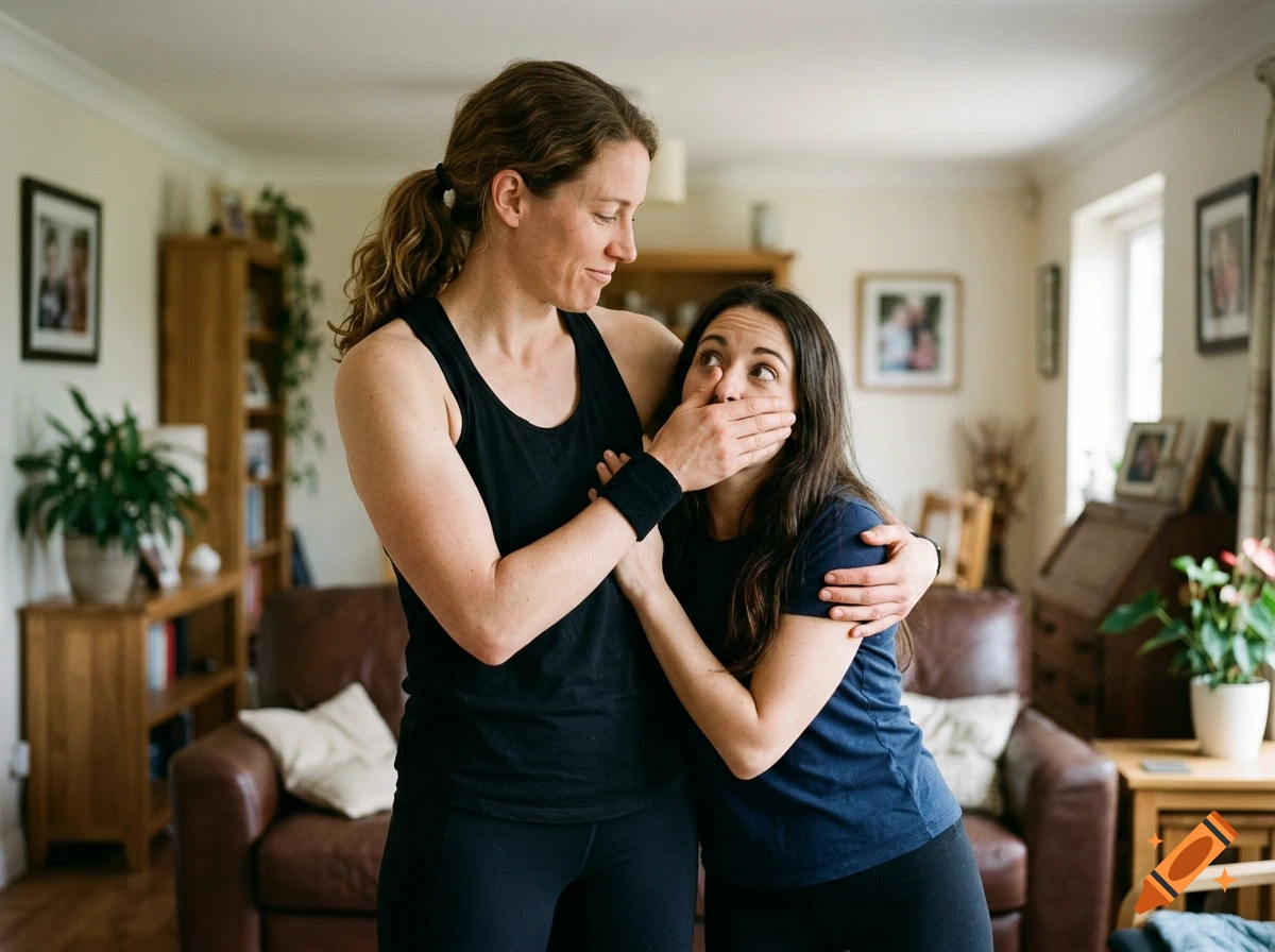Photorealistic indoor shot of a taller woman playfully covering the mouth of a shorter woman in a living room.