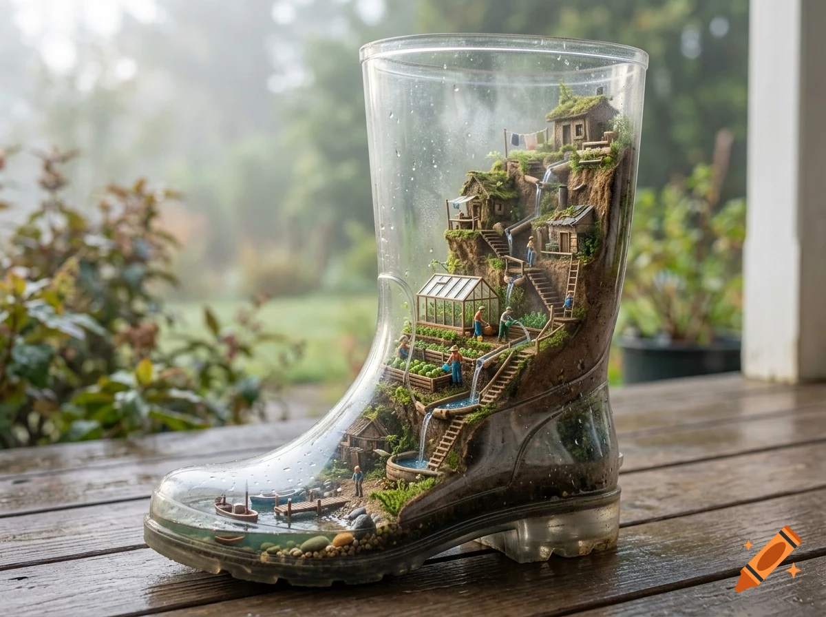 A miniature world built inside a clear rain boot, featuring tiny houses, a greenhouse, a waterfall, and miniature people.