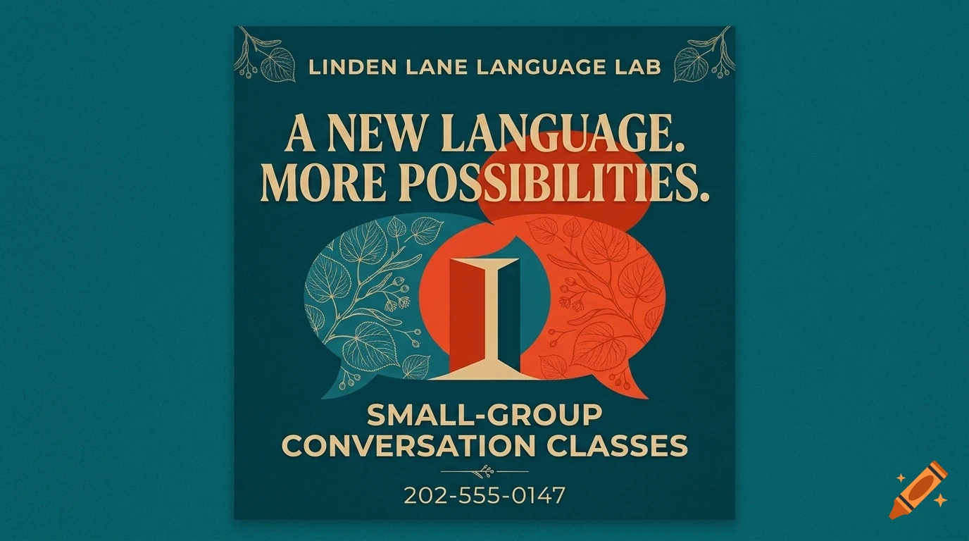 An advertisement for Linden Lane Language Lab with text A new language. More possibilities., speech bubbles, and a phone number.