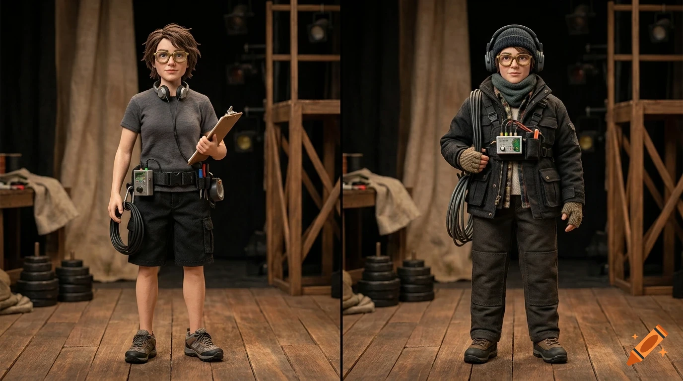 Two figures styled as action figures or dolls, one in warm weather gear holding a clipboard and another in cold weather gear.