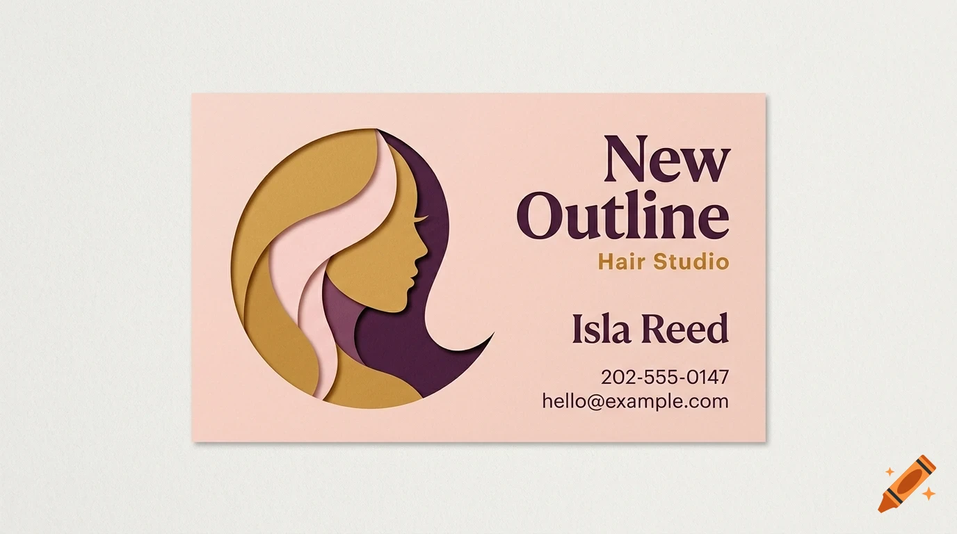 A business card with layered paper art showing a woman profile graphic and text New Outline Hair Studio Isla Reed.