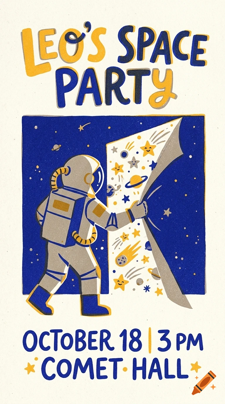 An illustrated poster for Leo's Space Party featuring an astronaut peeling back a blue starry backdrop to reveal a glowing space scene with cute planets and stars, with text above and below.
