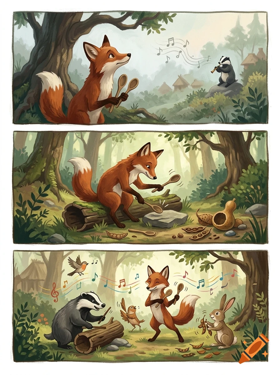 A comic strip showing a fox playing wooden spoons as rhythm instruments in a forest, joined by a badger playing a flute and drums, along with singing birds and a rabbit.