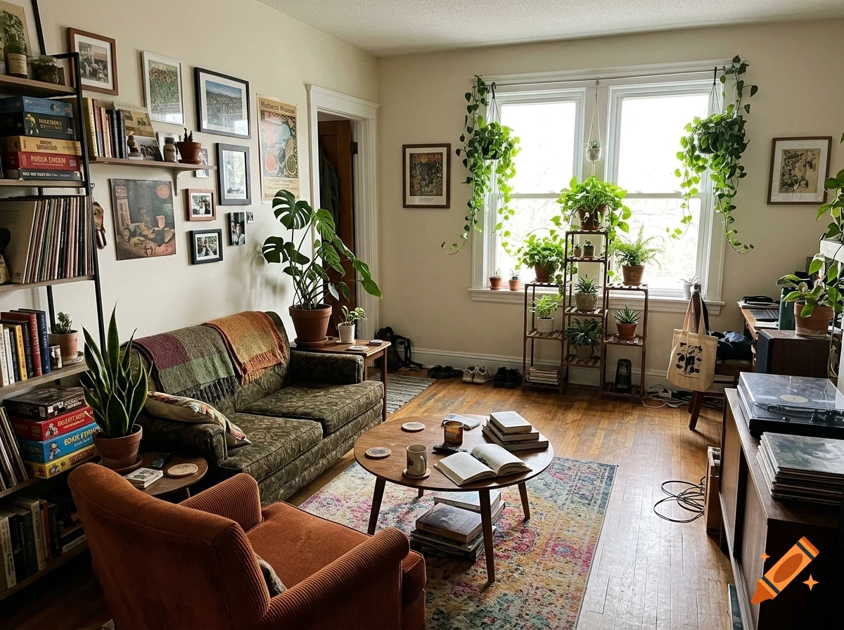 A cozy living room filled with houseplants, a green patterned sofa, an orange armchair, bookshelves, and a wooden coffee table.