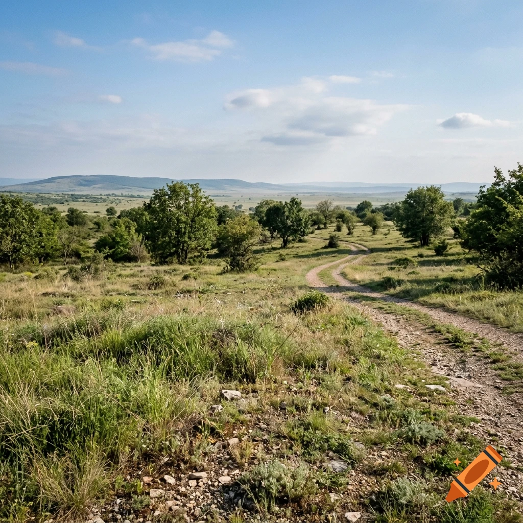 Photorealistic landscape showing a winding dirt road through green hills and sparse trees under a blue sky with scattered clouds.