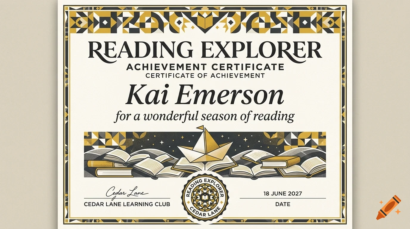 An achievement certificate titled Reading Explorer featuring geometric borders, open books, and an origami boat.