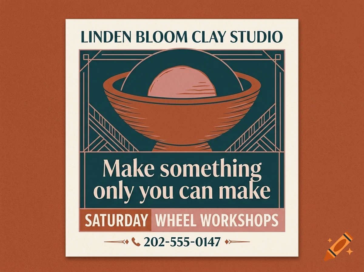 An advertisement for Linden Bloom Clay Studio featuring an illustration of a bowl with clay on a potter's wheel and text about Saturday wheel workshops.