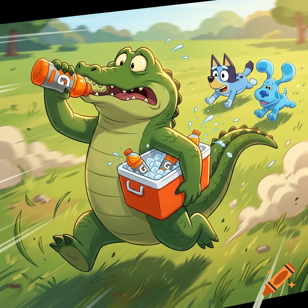 Cartoon alligator running through a field while drinking Gatorade and carrying a cooler, chased by two cartoon dogs in a vibrant illustration style.
