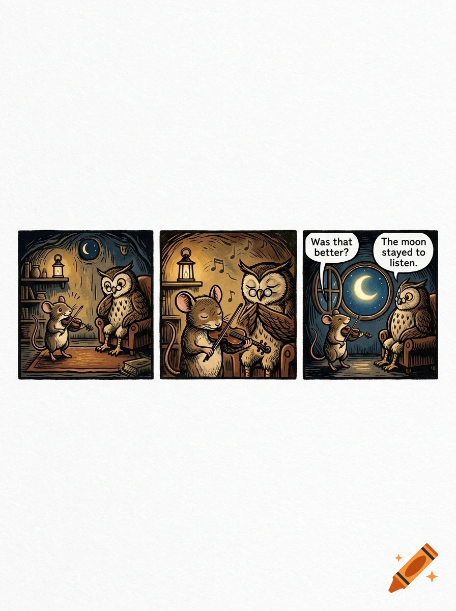 A three-panel comic illustration featuring a mouse playing a violin for an owl in a cozy room.