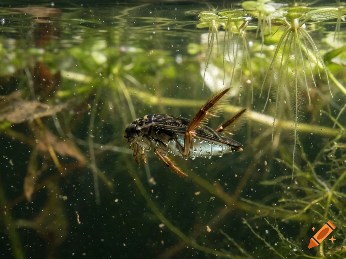 An underwater photograph of a water bug swimming among aquatic plants and roots.