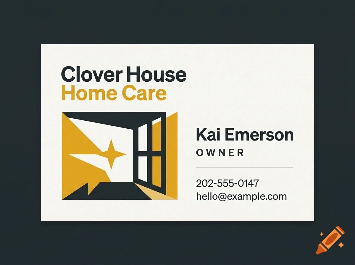 A business card for Clover House Home Care featuring a minimalist illustration of an open window and text.