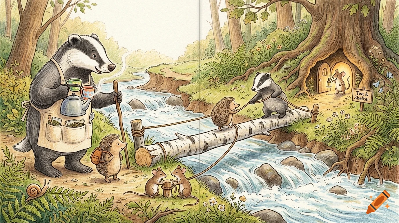 An illustrated woodland scene with anthropomorphic animals, including a badger wearing an apron holding a teapot, hedgehogs, and mice near a stream.