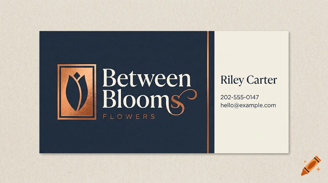 A business card with a dark blue and cream design featuring a copper tulip logo and text reading Between Blooms Flowers and Riley Carter.