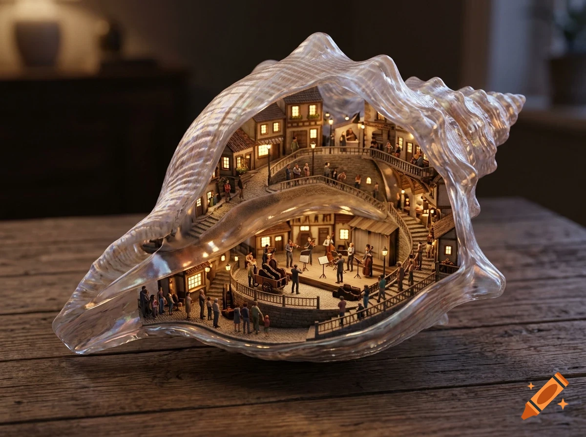 A miniature village with tiny houses and people gathered to watch a band is carved inside a hollowed-out seashell resting on a wooden table.