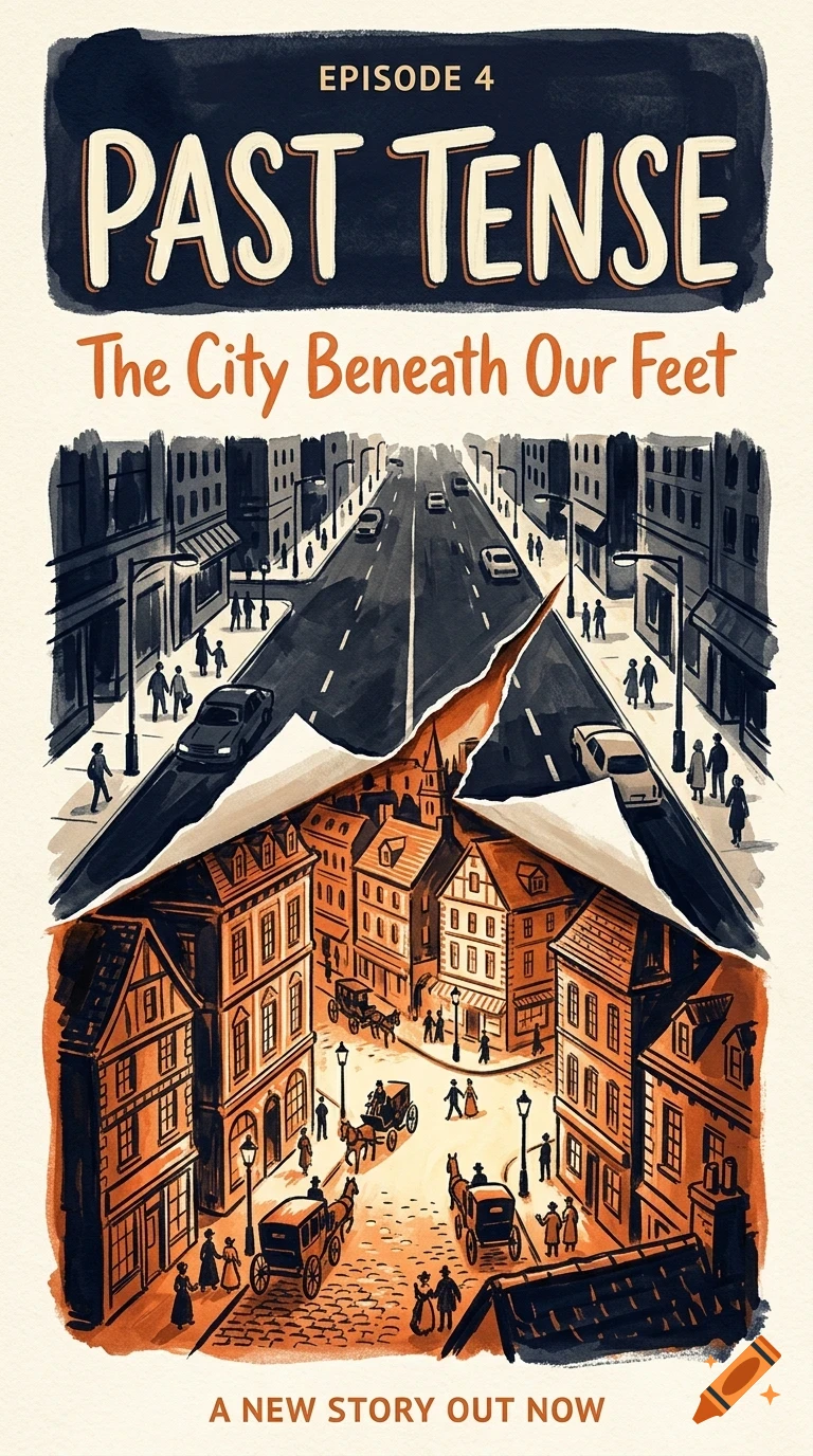 An illustrated book cover titled Past Tense, Episode 4: The City Beneath Our Feet, showing a modern street torn open to reveal an older historical city underneath.