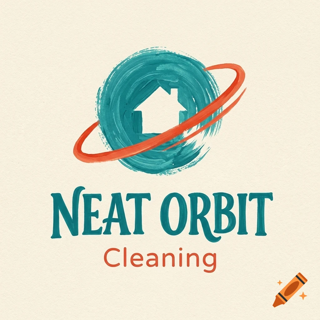 A logo featuring a teal painted circle with an orange orbital ring and a white house silhouette, with the text NEAT ORBIT Cleaning below.