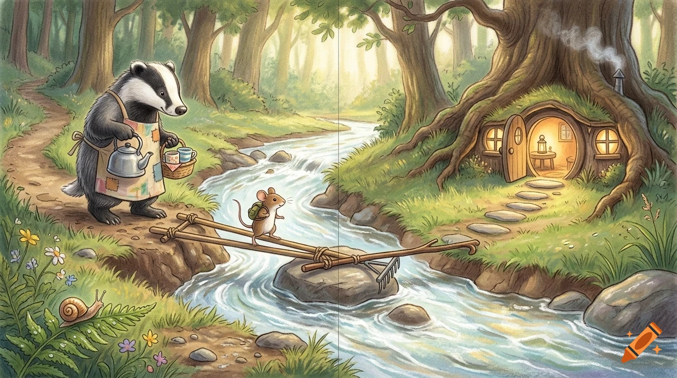 An anthropomorphic badger wearing an apron and carrying a kettle walks along a forest path next to a stream, while a mouse crosses a small twig bridge. A cozy home is built into the base of a large tree.