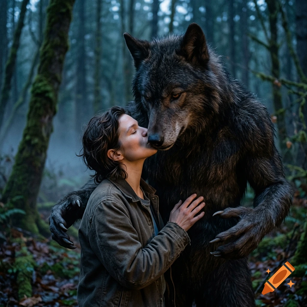 Photorealistic image of a person kissing a large werewolf in a moody forest.