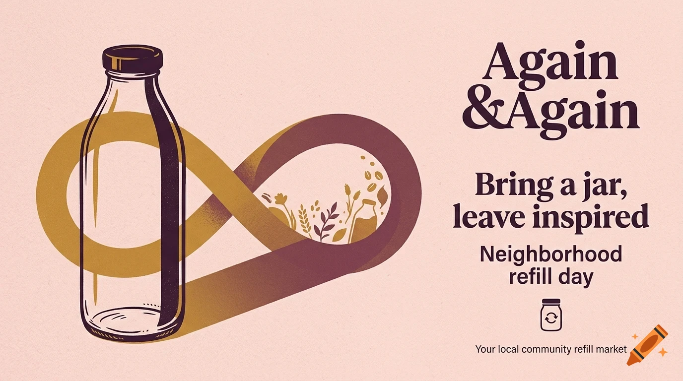 An illustrated poster with a glass bottle over an infinity symbol and the text Again & Again, Bring a jar, leave inspired, Neighborhood refill day.